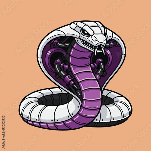 Mechanical Cobra Snake Illustration with Purple Accents on a Simple Peach Background