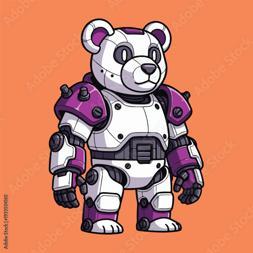 Vibrant cartoon robotic bear character illustration in futuristic purple and white armor, perfect for modern tech-themed designs and digital applications