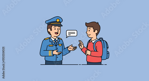 Police officer in uniform speaking with a young student carrying a backpack