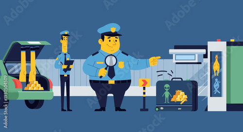 Airport security officers inspect baggage with magnifying glass, one points towards suspicious contents including an alien figure and gold bars.