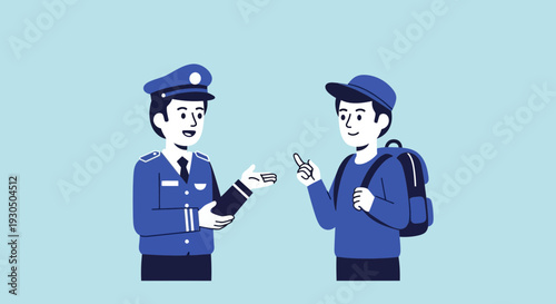 Police officer talking with a student carrying a backpack on a light blue background