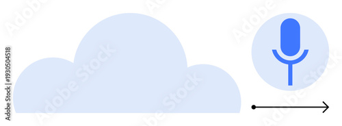 Cloud computing, voice recognition, streaming services, online storage, podcasting, data transfer. A cloud shape with a microphone icon and arrow. Cloud computing and voice recognition concept