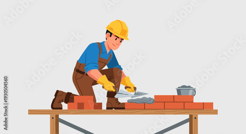 Skilled bricklayer in yellow hardhat and brown overalls carefully laying bricks with a trowel on a construction site