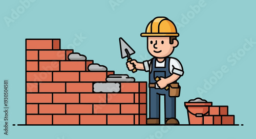 Skilled bricklayer diligently constructing a new wall with trowel and bricks on a construction site