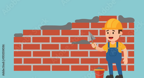 Cartoon construction worker with trowel building a brick wall with cement and bricks