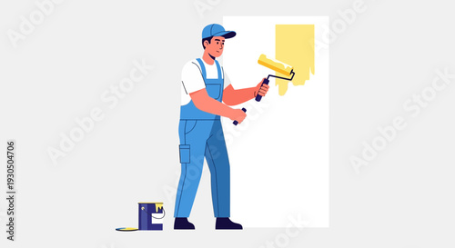 Skilled painter in blue overalls applying yellow paint to a white wall with a roller and brush.