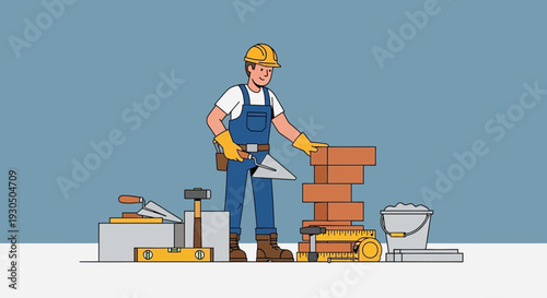 Skilled bricklayer wearing hardhat and yellow gloves works with bricks and tools to build a wall