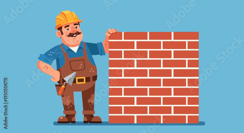 Cheerful mason wearing hard hat and overalls building a brick wall with a trowel and bucket