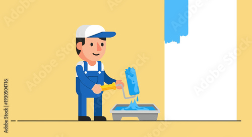 Cartoon painter in blue overalls dipping a roller into a paint tray, preparing to paint