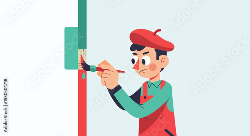 Focused artist in red beret and overalls meticulously painting a wall with a brush, showing precision and dedication to his craft