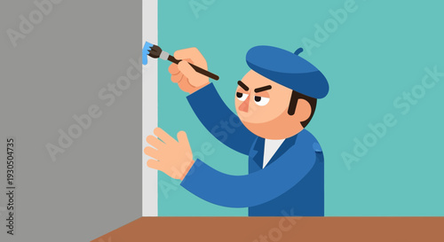 An artist in a blue beret and jacket meticulously paints a light blue stripe on a wall with a paintbrush.