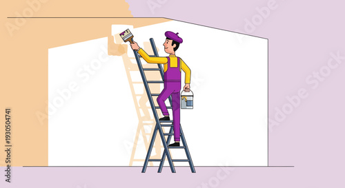 A cheerful painter in purple overalls and yellow shirt climbs a ladder, holding a paint brush and can, to decorate walls.
