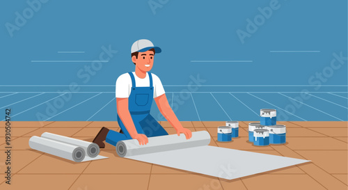 Smiling construction worker in blue overalls rolling out material with paint cans nearby