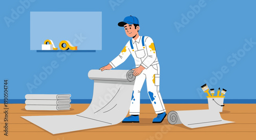 A cheerful painter in overalls rolls out new wallpaper, preparing for home renovation and interior decor.
