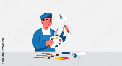 Creative artist with palette and brushes cleaning tools with a rag, preparing for painting