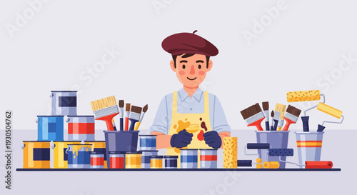 A smiling artist in a beret and apron with paint supplies and tools, ready for creative work
