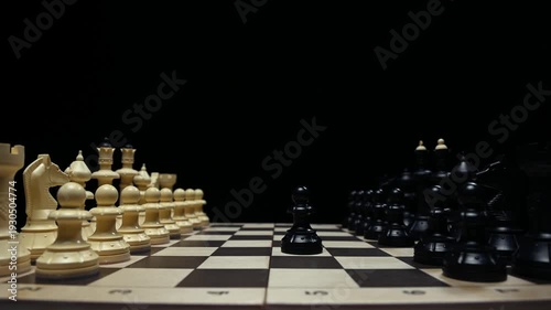 Chess pieces in close-up on a black background are facing each other. The player's hand in close-up makes a move with a pawn
