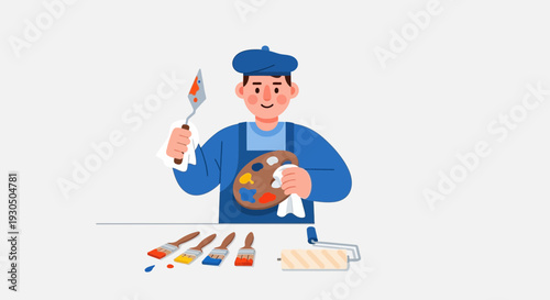 Artist with palette and brushes preparing to paint, showcasing creative tools