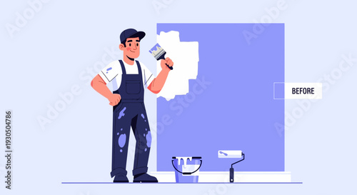 A cheerful painter with overalls applying blue paint to a wall with a brush and roller nearby