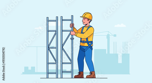 Construction worker assembling metal scaffolding on a building site