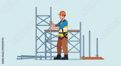 Construction worker in safety gear assembling scaffolding on a building site