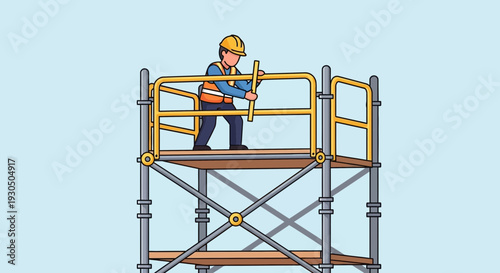 Construction worker in hardhat and safety vest assembling scaffolding for building project