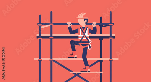 Construction worker in safety harness climbing on scaffolding structure