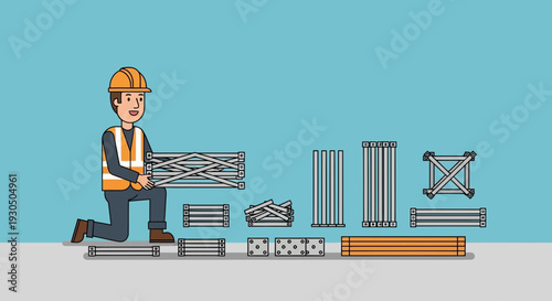 Construction worker holding scaffolding parts ready for assembly on site