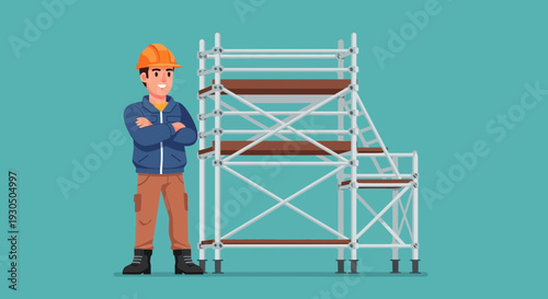 Construction worker with orange hardhat stands proudly next to a sturdy metal scaffolding structure
