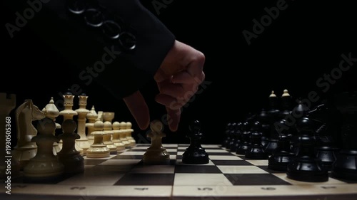 Chess pieces in close-up on a black background are facing each other. The player's hand in close-up makes a move with a pawn