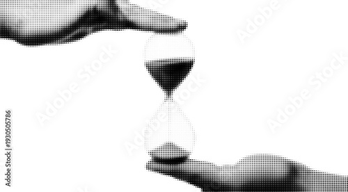 Small Hourglass on Palm Isolated in Retro Black and White Halftone Collage Element