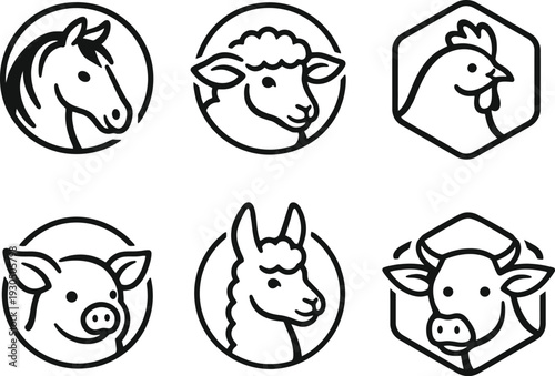Minimalist farm animal line icon set featuring horse, sheep, chicken, pig, llama, and cow in clean black outline vector style.
