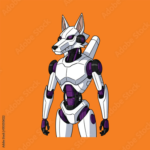 A stylized concept illustration of a futuristic robot with a wolf-like head, blending advanced technology with animalistic design, presented as a unique digital character