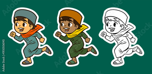 Happy Muslim Boys Running Cartoon Character