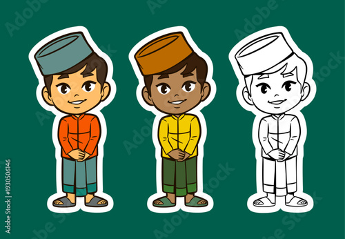 Cute Muslim Boys in Traditional Attire Cartoon Character