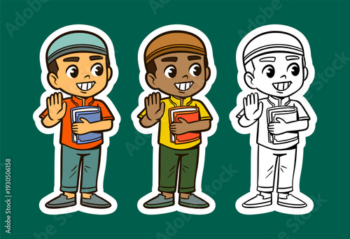 Happy Muslim Boy with Books Cartoon Character 
