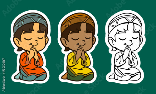 Cute Cartoon Muslim Boys Praying Cartoon Character 