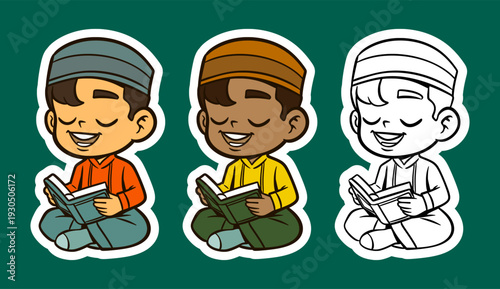Joyful Muslim Boy Reading Books Cartoon Character 