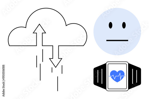 Technology, cloud storage, data transfer, health monitoring, wearable devices, emotion tracking. Cloud with arrows, smartwatch showing heart neutral face symbol. Technology and cloud storage theme