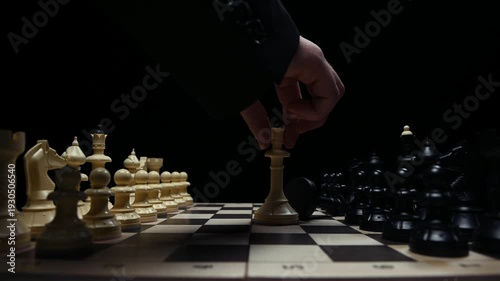 Chess pieces in close-up on a black background are facing each other. The player's hand in close-up makes a move with a pawn
