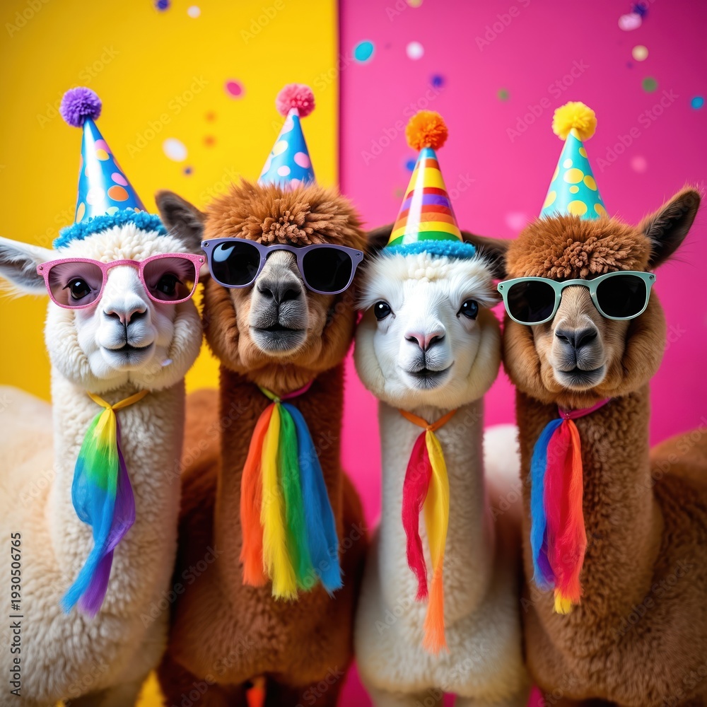 Fototapeta premium Four alpacas wear party hats sunglasses and rainbow scarves. They stand together for a fun festive celebration. Animals enjoy a colorful birthday event.