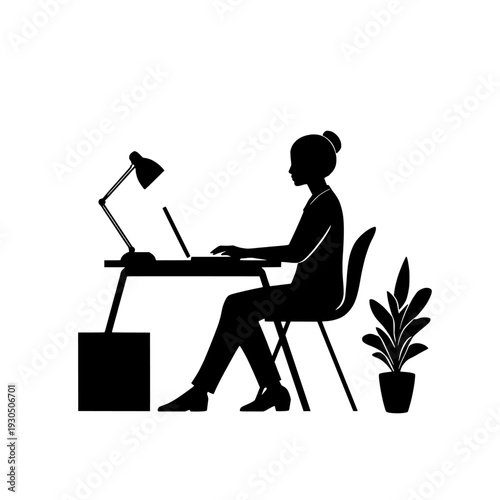 Illustration of silhouette of a woman working on a laptop at a desk with a lamp