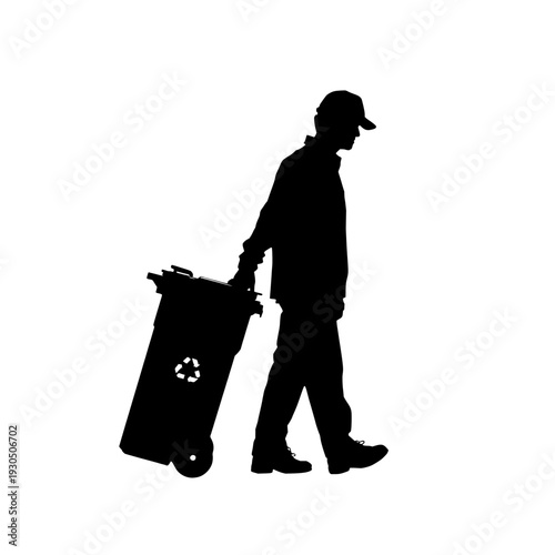 Illustration of silhouette of a man pushing a recycling bin