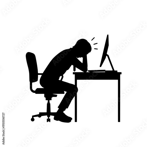 Illustration of black silhouette of a stressed man sitting at a desk with a computer