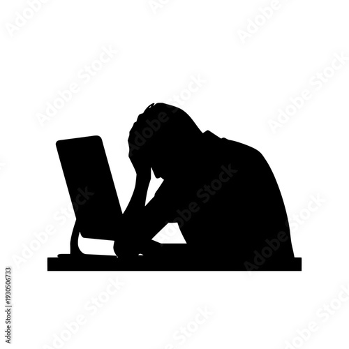 Illustration of black silhouette of a stressed man sitting on the floor with a laptop