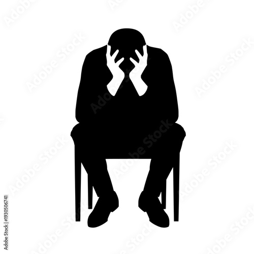 Illustration of black silhouette of a stressed man sitting on a chair