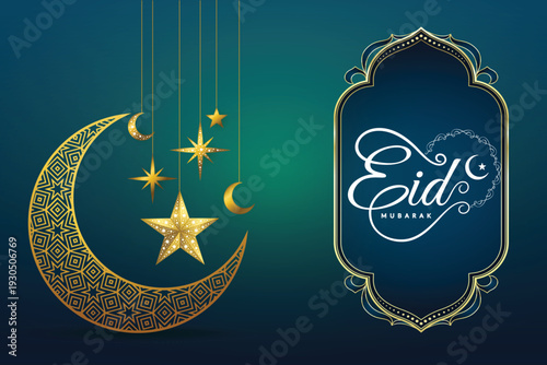 Eid Mubarak vector design with decorative floral frame  golden crescent.