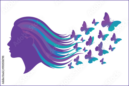 Woman Profile with Hair Transforming into Butterflies: Mental Freedom and Psychology Vector Art.