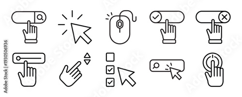 Pointer and Cursor icon set. Containing Touch Gesture, Selection, Computer Mouse, Arrow, Finger, Thumb, Touch Screen, and more. Outline Icon Collection. Editable stroke. Vector illustration