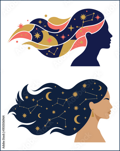 Double Exposure Female Profiles with Galaxy and Stars Hair: Spiritual and Dreamy Vector Illustration.